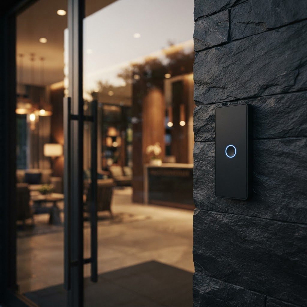 Lector de acceso ALERO junto a la puerta de entrada, con el palier iluminado detrás