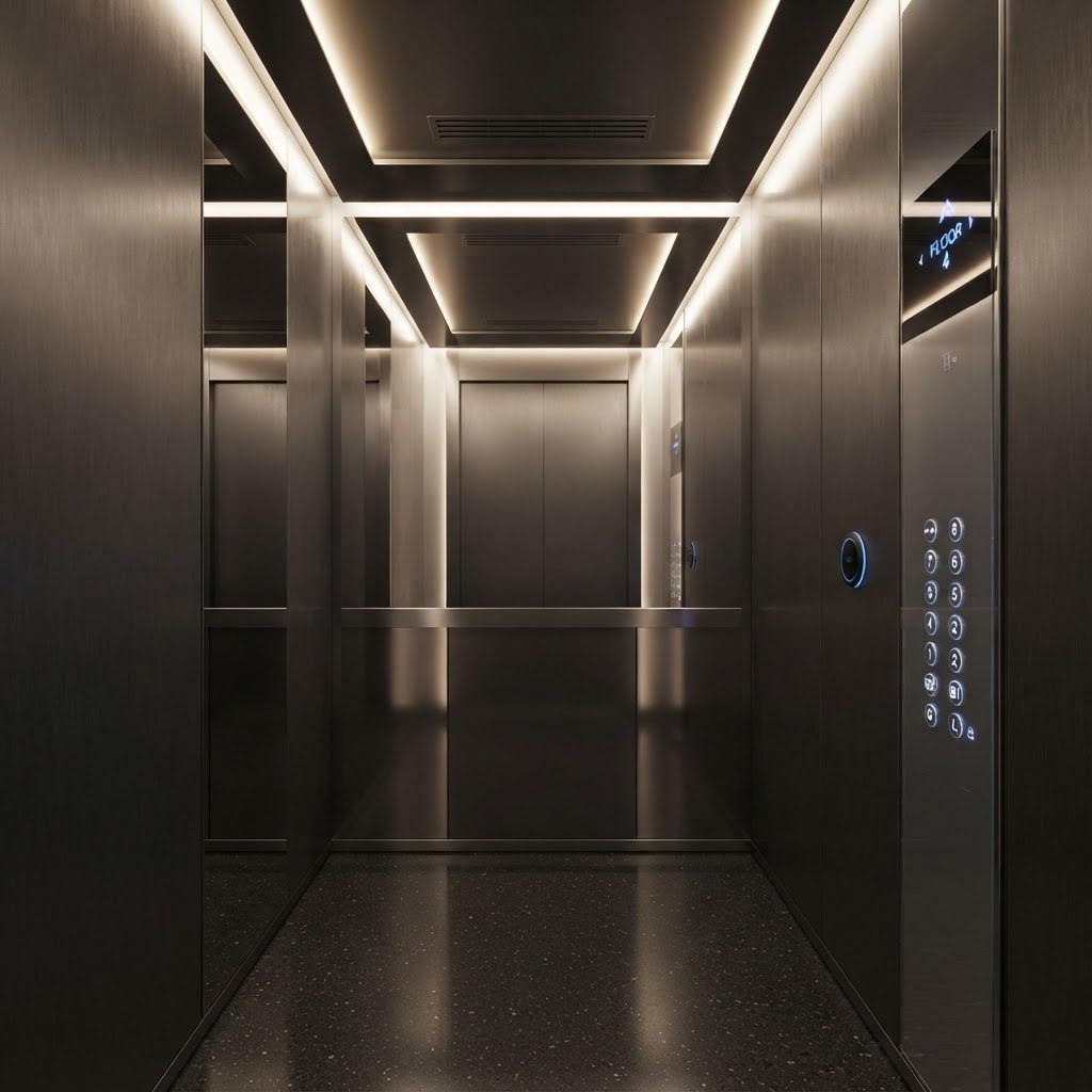 Interior de una cabina de ascensor con el panel de accesos de ALERO
